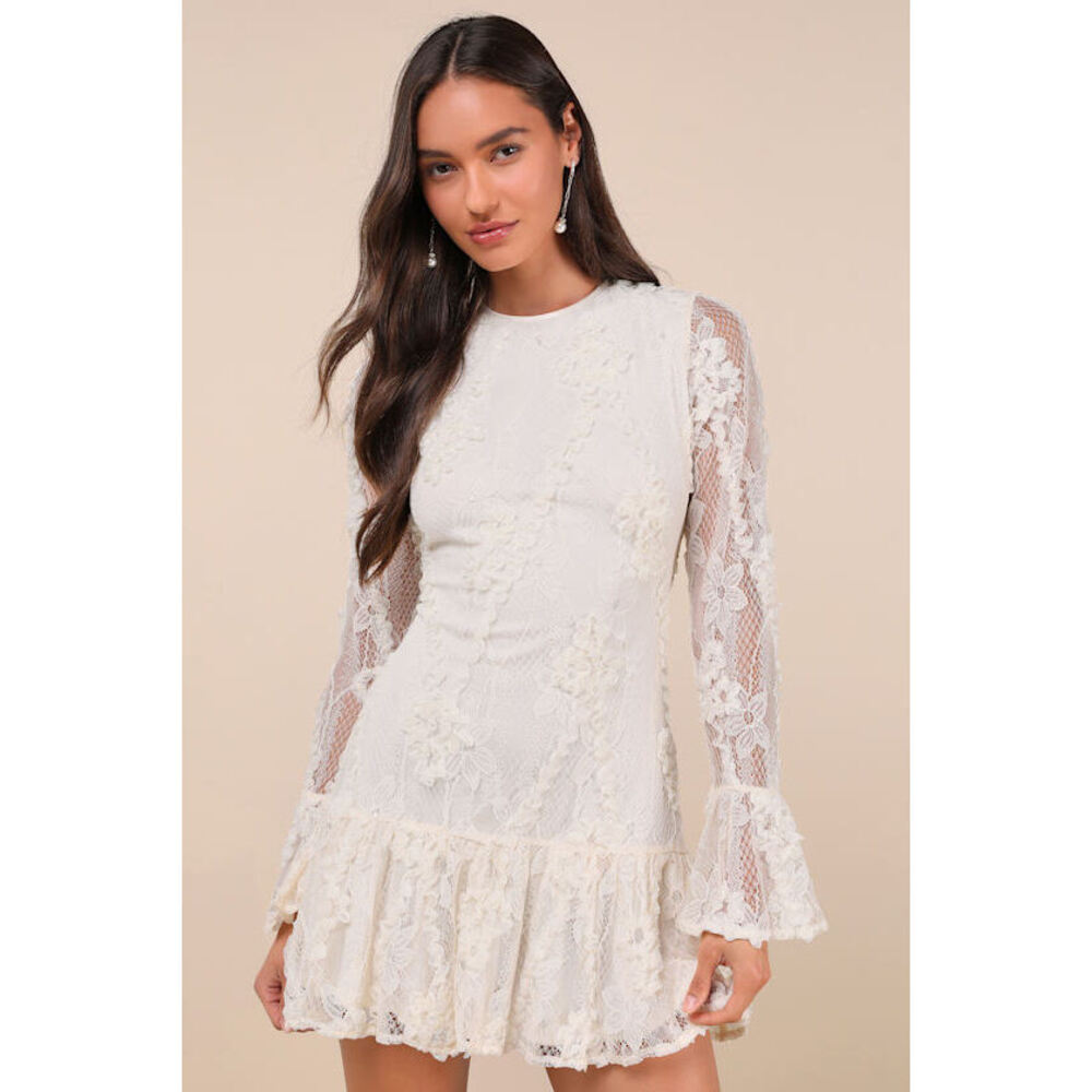 New Lulus Darling Era Ivory Lace Applique Long Sleeve Ruffled Mini Dress White